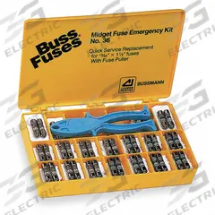 BUSSMANN Fuse Kit: Includes Series FNQ/FNQ-R/KTK-R, CC/Midget Fuses, 0.5 A – 30 A Range (MPN NO.36). Key specifications — Fuse Series Included: KTK-R; Tool Included: FP-2 Fuse Puller; Brand: BUSSMANN; Tools Included: Fuse Puller.