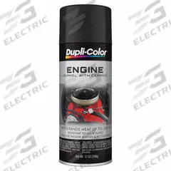 DUPLI-COLOR Automotive Paint: Interior, Engine Accessories/Engine Blocks, Solvent, Solvent-Based (MPN EDE163407). Key specifications — Color: Black; Coverage Area: 12 to 15 sq ft; Compatible Surface Material: Metal; Finish Texture: No Texture; Sheen: Gloss; Surface Texture: Smooth; Brand: DUPLI-COLOR.