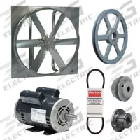 Exhaust Fan with Drive Package: Belt Drive, 48 in Blade, 2 hp, 27,474 cfm, 115/208-230V AC, 1 ph (MPN 7CF43). Key specifications — Frame Finish: Zinc Plated; Assembled: Unassembled; Brand: DAYTON; Nameplate Voltage: 115/208-230V AC; Frame Material: Steel; Guard Type: None; Motor Insulation: Class B; Motor Enclosure: Open Dripproof.