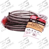 SOUTHWIRE Metal Clad Cable: 14 AWG, 2 Conductors, Copper, 25 ft, Galvanized Steel, Std, THHN (MPN 55278321). Key specifications — Brand: SOUTHWIRE.