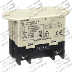 OMRON Enclosed Power Relay: Surface (Top Flange) Mounted, 30 A Current Rating, 24V AC, SPST-NO (MPN G7L-1A-BUBJ-CB-AC24). Key specifications — Brand: OMRON; Base Type: Square; Mounting Style: Top Flange; Electrical Connection: Screw Terminal; Manufacturer Part Number: G7L-1A-BUBJ-CB-AC24; Operating Current: 30 A; Series: G7L Series.