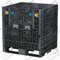 BUCKHORN Collapsible Bulk Container: 12.9 cu ft, 32 in x 30 in x 34 in, Lid Not Included, Black (MPN BN3230342010000). Key specifications — Brand: BUCKHORN; Stackable: Stacking Capable; Shape: Rectangular; Fork Entry: 4-Way Entry; Container Wall Type: Solid; Mobility: Stationary; Collapsible: Collapsible; Fork Pockets: Fork Pockets Included.