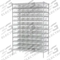 AKRO-MILS Bin Shelving: 48 in x 24 in x 74 in, 1 Sided, 66 Bins, Open, Shelf Bin, Clear, 12 Shelves (MPN AWS244830164SC). Key specifications — Includes Bins: Yes; Bin Material: Polymer; Frame Color: Silver; Bin HxWxD: (66) 4 in x 6-5/8 in x 23-5/8 in; Frame Material: Steel; Bin Color: Clear; Bin Style: Shelf; Brand: AKRO-MILS.