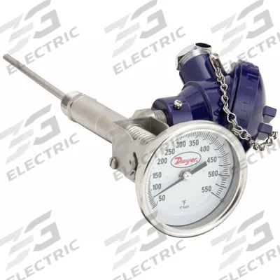 Dwyer Dial Thermometer With Process Output: 50°F to 550°F, +/- 1% Accuracy, 9 in Stem Lg - Thread-Mount Transmitting Dial Thermometers