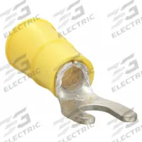 3M Fork Terminals: Yellow, Vinyl, #8 Stud Size, 12 AWG – 10 AWG Wire Range, Std Fork, 1,000 V (MPN MVU10-8FX). Key specifications — Barrel Style: Butted; Manufacturer Part Number: MVU10-8FX; Brand: 3M; Series: TH.