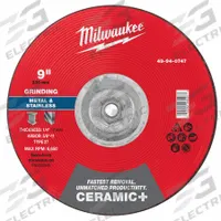 MILWAUKEE Grinding Wheel: Type 27, 9" x 1/4" x 5/8"-11, Ceramic, 24 Grit (MPN 49-94-0747). Key specifications — Brand: MILWAUKEE.