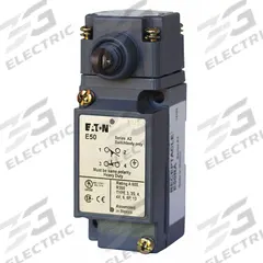 EATON Push Roller Plunger Limit Switch: Roller Plunger, Metallic, Momentary/Momentary, E50 (MPN E50BS36P). Key specifications — Brand: EATON; Electrical Connection: 8 ft Cable; Roller Material: Nylon; Series: E50.