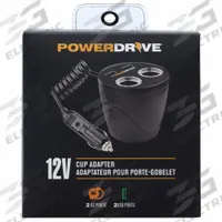 POWERDRIVE Cup Adapter 12V: Power Splitter and Charger, 4 Connections, 6 in Cord Lg, Black, USB Port (MPN PD9022USB). Key specifications — Color: Black; Includes: USB Port; Product Type: Power Splitter and Charger; Brand: POWERDRIVE; Ports: USB.