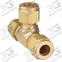 PARKER Compression Tee Fitting: 3/8 in OD x 3/8 in OD x 3/8 in OD Size, Brass, 9/16"-20 Thread Size (MPN 6ET6-B). Key specifications — Compatible Fitting Brands: Parker A-LOK; Brand: PARKER.