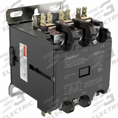 DAYTON Definite Purpose Magnetic Contactor: 3 Poles, 24V AC, 63 A, Non-Reversing (MPN 783XZ0). Key specifications — Brand: DAYTON; Coil Voltage: 24V AC; Contactor Style: HVACR Definite Purpose Contactor; Mounting Style: Through Panel; Terminal Connection Type: Box Lugs; Maximum Voltage Rating: 600V AC; Phase: Three; Main Pole Contact Form: 3NO.
