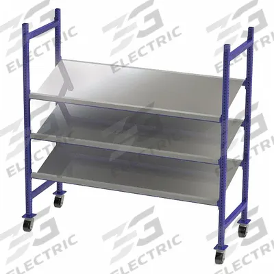 UNEX FLOW CELL Gravity Flow Rack: 76 in x 28 in x 72 in, Tilt, 3 Shelves - Tilted Solid-Deck Bolted Mobile Flow Racks