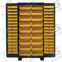 JAMCO Bin Cabinet: 36 in x 24 in 78 in, 0 Shelves, 114 Bins, Yellow, Flush, 14 ga Panel, Black, Bins (MPN DP236BL). Key specifications — Bin Color: Yellow; Bin HxWxD: (18) 7 in x 16-1/2 in x 14-3/4 in; Assembled: Assembled; Cabinet Style: Shelf and Bin; Brand: JAMCO; Cabinet Color: Black; Cabinet Finish: Powder Coated; Cabinet Material: Steel.