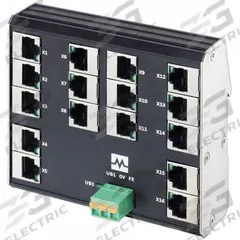 MURRELEKTRONIK Ethernet switch: Unmanaged, DIN Rail, 16 Ports, RJ45, 100 mbps/Ethernet, IP20 (MPN 58904). Key specifications — Port Type: RJ45; Manufacturer Part Number: 58904; Brand: MURRELEKTRONIK; Features: Auto-Negotiation; IP Rating: IP20; Product Type: Ethernet Switch; Mounting Location: DIN Rail; Network Interface: 100 mbps.