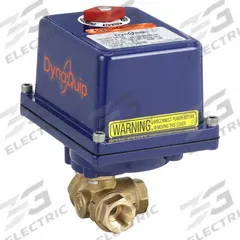 DYNAQUIP CONTROLS Electrically Actuated Three-Way Ball Valve: 1/2 in, Brass, 120V AC, L Flow (MPN EYHG3AUE20). Key specifications — Included Mounting: ISO 5211 Actuator Mounting Pad; Brand: DYNAQUIP CONTROLS; Actuator Features: Manual Override.