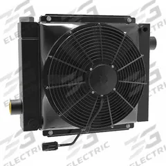 AKG Forced Air Oil Cooler: 36 hp Heat Removed, 80 gpm Max. Flow, 377 psi Max. Pressure, 12V DC (MPN D36-12-BP60). Key specifications — attr96059: SAE #20; attr96056: IP 68; attr96057: 12V DC; attr98919: AKG.