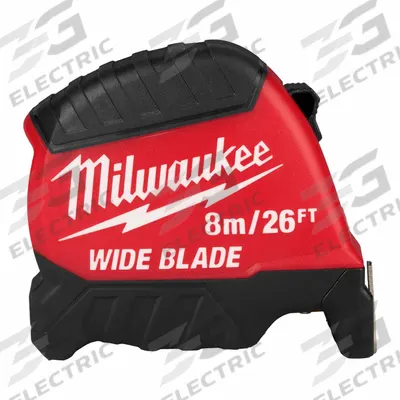 MILWAUKEE Wide Blade Tape Measure: Nonmagnetic Single Hook Tip, 26 ft / 8 m, Plastic - Standard (Inch) Tape Measures