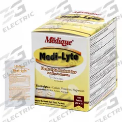 MEDIQUE Electrolyte Replenisher: 50 Individual Doses, Tablet (MPN 03033). Key specifications — Brand: MEDIQUE; Manufacturer Part Number: 03033; Exterior Package Type: Box; Flavor: Unflavored; Format: Tablet; Purpose: Heat Fatigue; Strength: Regular Strength; Unit Dose: Calcium 10.8 mg.