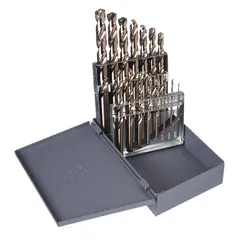 CHICAGO-LATROBE Jobber Length Drill Bit Set: 15 Pc, 1/16" to 1/2" by 32nds, 135° Split Point (MPN 47795). Key specifications — attr1236168: Metal Index; attr1236199: NAS 907 Type B.