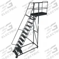 BALLYMORE Rolling Cantilever Ladder: 11.7 ft Platform Ht, Unassembled, Locking Casters, Steel (MPN CL-14-35-P). Key specifications — attr1051489: Gray; attr1051483: BALLYMORE; attr1051499: Double Handrails; attr1051504: Steel.