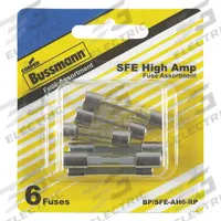 BUSSMANN Fuse Kit: Includes Series SFE, Automotive Fuses, 14 A – 30 A Range (MPN BP/SFE-AH6-RP). Key specifications — Fuse Series Included: SFE; Tool Included: None; Brand: BUSSMANN.