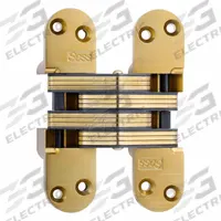 SOSS Concealed Hinge: Brass, 5 1/2 in Leaf Ht, 1 3/8 in Leaf Wd, Full Mortise Mounting (MPN 220US4). Key specifications — Material: Brass; Brand: SOSS; Finish: Satin Brass, Clear Coated.
