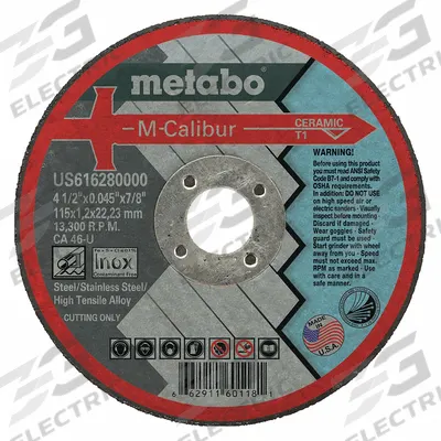 METABO Abrasive Cut-Off Wheel: Type 1, 4 1/2" x 0.045" x 7/8", Ceramic, 46 Grit - Cool-Cutting Contaminant-Free Cut-Off Wheels for Stainless Steel