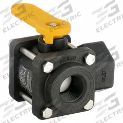 BANJO Manual Three-Way Ball Valve: 1 in, Polypropylene, L Flow, FNPT x FNPT x FNPT, Three-Piece (MPN V100SL). Key specifications — Brand: BANJO; Handle: Lever.