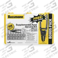 BUSSMANN Fuse Kit: Includes Series ABC/AGC/GMA/GMC/MDA/MDL, Glass Fuses, 0.25 A – 20 A Range (MPN GSK-260). Key specifications — Fuse Series Included: GMC; Tool Included: FT-3 Fuse Tester/Puller; Brand: BUSSMANN; Tools Included: Fuse Tester/Puller Combination.