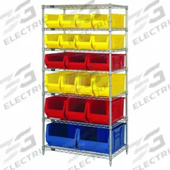 QUANTUM STORAGE SYSTEMS Shelving Unit: 36 in x 24 in x 74 in, 1 Sided, 20 Bins, Multicolor (MPN WR7-20-MIX). Key specifications — Frame Color: Chrome; Bin HxWxD: (4) 9 x 8-1/4 x 23-7/8 in; Frame Material: Carbon Steel; Bin Color: Multicolor; Brand: QUANTUM STORAGE SYSTEMS.
