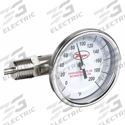 Dwyer Dial Thermometer: 0°F to 200°F, ±2%Full Scale Accuracy, 2.5 in Stem Lg - Side- & Bottom-Mount Fixed-Angle Thread-Mount Dial Thermometers