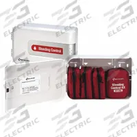 FIRST AID ONLY Bleeding Control Kit: Plastic Cabinet, 4 People Served, 64 Components, 0 Pockets (MPN 91143-00). Key specifications — Brand: FIRST AID ONLY; Wound Dressings Included: (8) Chest Seals; Housing Material: Plastic.