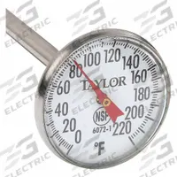 TAYLOR Mechanical Food Service Thermometer: Food Safety, Analog, 6 in Overall Lg, 1 in Dial Size (MPN 6072N). Key specifications — Accuracy: ±1%; Brand: TAYLOR; Case Material: Stainless Steel; Display Type: Analog; Features: Built In Recalibration Wrench; Lens Material: Plastic; NSF Certified: Yes; Thermometer Type: Stem Thermometer.