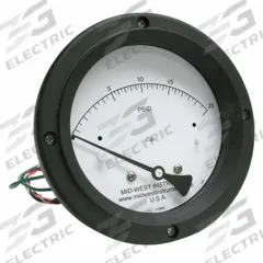 MIDWEST INSTRUMENT Differential Pressure Gauge & Switch: Back, 1/4 in NPT Female, 120, 4 1/2 in Dial (MPN 120AC-00-O-AA-20P). Key specifications — Sensor Type: Piston; Series: 120; Housing Material: Aluminum; Certificate of Calibration: Not Included; Gauge Accuracy: ±3-2-3%.
