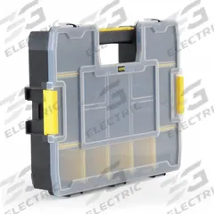 STANLEY Compartment Box: 14 3/4 in x 11 1/2 in x 2 3/4 in, Clear/Black/Yellow, 14 Compartments, Snap (MPN STST14022). Key specifications — ESD Conductive: Not Electrostatic Discharge Conductive; Color: Clear/Black/Yellow; Compartment WxD: 14-3/4 in x 11-1/2 in x 2-5/8 in; Brand: STANLEY; Material: Plastic.