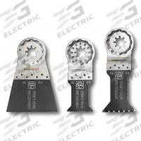 FEIN Oscillating Tool Blade Set: 3 Blades, Straight, Starlock Plus Connection, Plunge Cutting, 3 PK (MPN 35222952090). Key specifications — attr1140173: (1) E-Cut Long-Life saw blade 2-9/16 in wide; attr1097629: FEIN; attr1097591: Makita (w/ Starlock Mounts).
