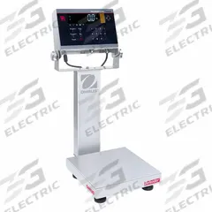 OHAUS Industrial Bench Scale: 10 in x 10 in, IP68/IP69K, Column-Mounted, Stainless Steel (MPN D61XWE5WQS6). Key specifications — Connection Ports: Wi-Fi®; Readability: 0.0005 lb/0.2 g; Brand: OHAUS; Weighing Surface Material: Stainless Steel.