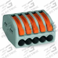 WAGO Lever Wire Connector: 5 Port, 28 AWG – 12 AWG Solid Wire Size Range, 20 A, 600 V, 222 Series (MPN 222-415). Key specifications — attr1307071: WAGO; attr1307104: Lever; attr1351713: 222.