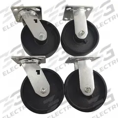 APPROVED VENDOR Plate Casters: Rigid/Swivel, No Brake, Iron, 6 in Wheel Dia, 2 in Wheel Wd, 4 PK (MPN 55JK15). Key specifications — Wheel Bearing Type: Roller; Wheel/Tread Color: Black; Brand: APPROVED VENDOR; Caster Type: Swivel.