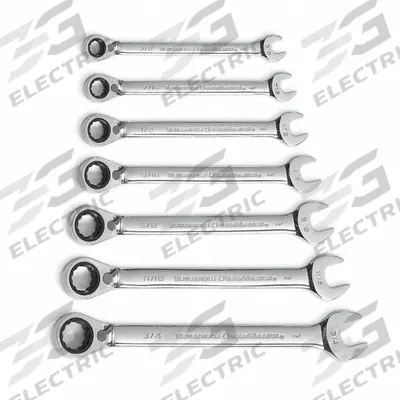 GEARWRENCH Combination Wrench Set: Alloy Steel, Chrome, 7 Tools, Offset, Reversing - SAE 12-Point Ratcheting Combination Wrench Sets