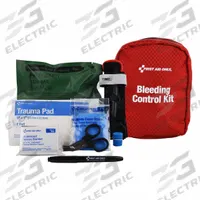 FIRST AID ONLY Bleeding Control Kit: Plastic Bag, 1 People Served, 13 Components (MPN 91135). Key specifications — Brand: FIRST AID ONLY; Wound Dressings Included: (2) Trauma Pads; Housing Material: Nylon.