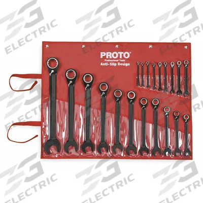 PROTO Combination Wrench Set: Alloy Steel, Black Chrome, 20 Tools, Offset, Reversing - SAE 12-Point Ratcheting Combination Wrench Sets