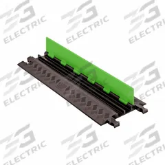 CHECKERS HI-VIZ CABLE PROTECTOR: 2 Channels, Hinged, 3/4 in Max Cable Dia, 12 in Wd, 1 1/4 in Ht (MPN GD2X75-ST-FLG/B). Key specifications — attr1468: CHECKERS; attr1473: Fluorescent Green (Lid)/Black (Base); attr1477: Cover; attr1483: Polyurethane.