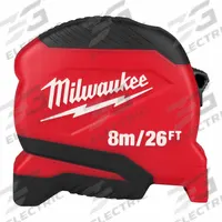 MILWAUKEE Compact Tape Measure: Nonmagnetic Single Hook Tip, 26 ft / 8 m, Plastic, Black/Red (MPN 48-22-1726). Key specifications — attr935324: MILWAUKEE; attr942259: Red; attr935326: Finger Brake; attr935328: 1/16 in; attr935329: Inches; attr935337: Metric/SAE; attr936607: Manual Lock; attr985315: Greater than 5 m.