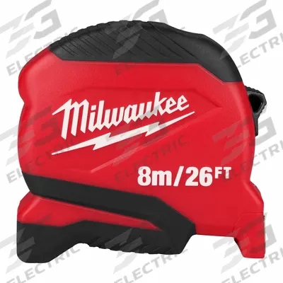 MILWAUKEE Compact Tape Measure: Nonmagnetic Single Hook Tip, 26 ft / 8 m, Plastic - Standard (Inch) Tape Measures