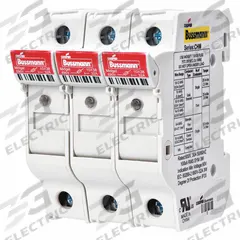 BUSSMANN Fuse Block: Finger-Safe, 4 Pole, 600 V AC, DIN Rail Mounting, Box Lug Termination (MPN CHM4DIU). Key specifications — Brand: BUSSMANN.