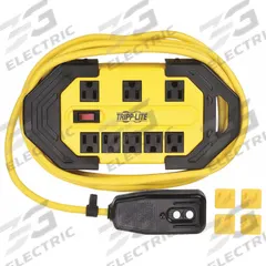 TRIPP LITE GFCI: 12 ft Lg, 14/3, 5-15P Plug, 15 A Current, 120V AC, 5-15R, Black/Yellow, SJT (MPN TLM812GF). Key specifications — NEMA Plug Configuration: 5-15P; NEMA Receptacle Configuration: 5-15R; Brand: TRIPP LITE; Voltage: 120V AC.