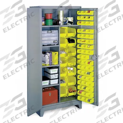 LYON Bin Cabinet: 36 in x 21 in 82 in, 4 Shelves, 64 Bins, Yellow, Flush, 14 ga Panel - Standard Bin Cabinets with Half-Shelves