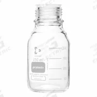 DURAN Narrow Mouth Round Glass Bottles - Safety Coated: 250 mL, 45 mm, Colorless, 10 Bottles (MPN 218053688). Key specifications — Brand: DURAN; Graduated: Yes; Pre-Cleaned: None; Body Color: Colorless; Screw Closure Size: 45 mm.