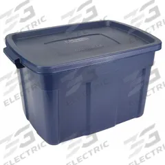 RUBBERMAID Storage Tote: 25 gal, 28 7/8 in x 19 7/8 in x 16 3/4 in, Dark Blue/Metallic Body, Blue (MPN RMRT250002). Key specifications — Material: Plastic; Edge/Corner Design: Rounded; Body Color: Dark Blue/Metallic; Lid Color: Dark Blue/Metallic; Brand: RUBBERMAID; NSF Certified: Not NSF Certified; Nestable: Nesting Capable.