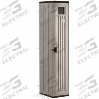 SUNCAST Plastic Storage Cabinet: 15 in x 20 in x 72 in, 2 Adj Shelves, Pull & Padlock, Ventilated. Key specifications — attr87767: Unassembled, Easy Assembly, minimal tools required; attr87766: Platinum Metallic; attr66503: SUNCAST.